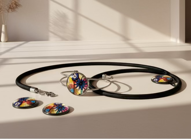 Black belt with colorful floral buckles on a light surface