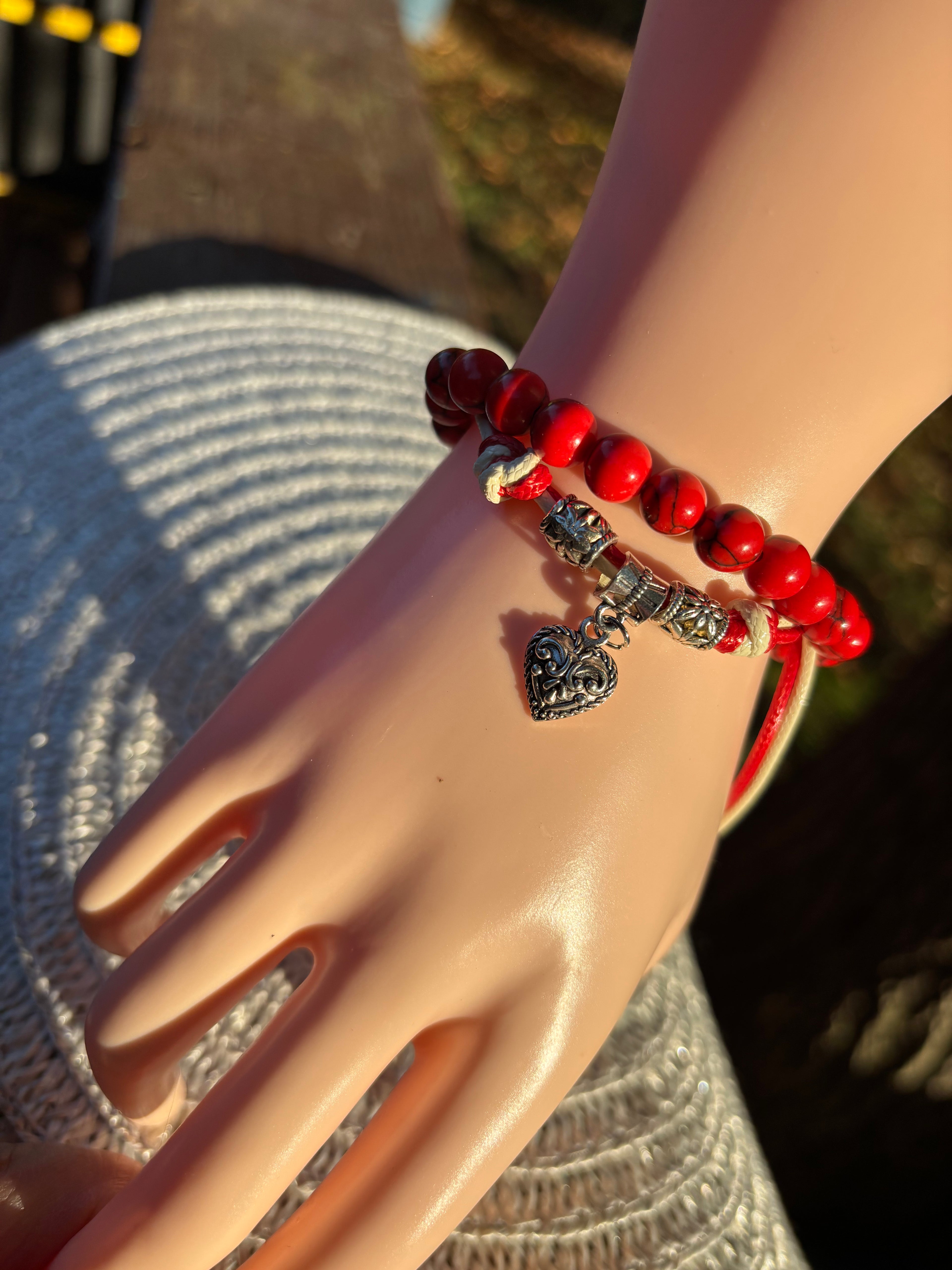 Breaded Bracelet Set In Red And Beige With A Charm