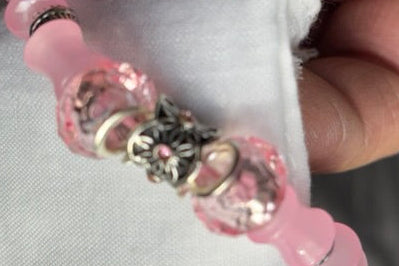 Breaded Bracelet With Leather Thread, Silver Beads And Pink Glass Beads