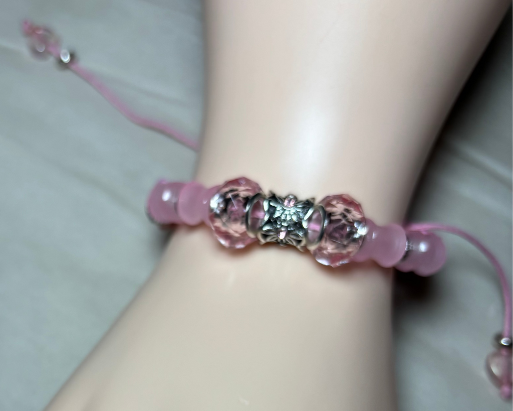 Breaded Bracelet With Leather Thread, Silver Beads And Pink Glass Beads