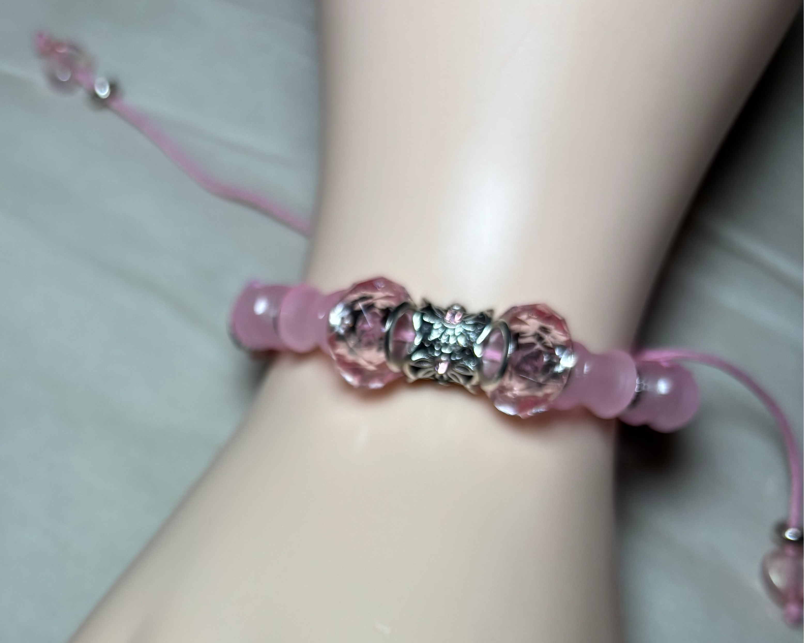 Breaded Bracelet With Leather Thread, Silver Beads And Pink Glass Beads