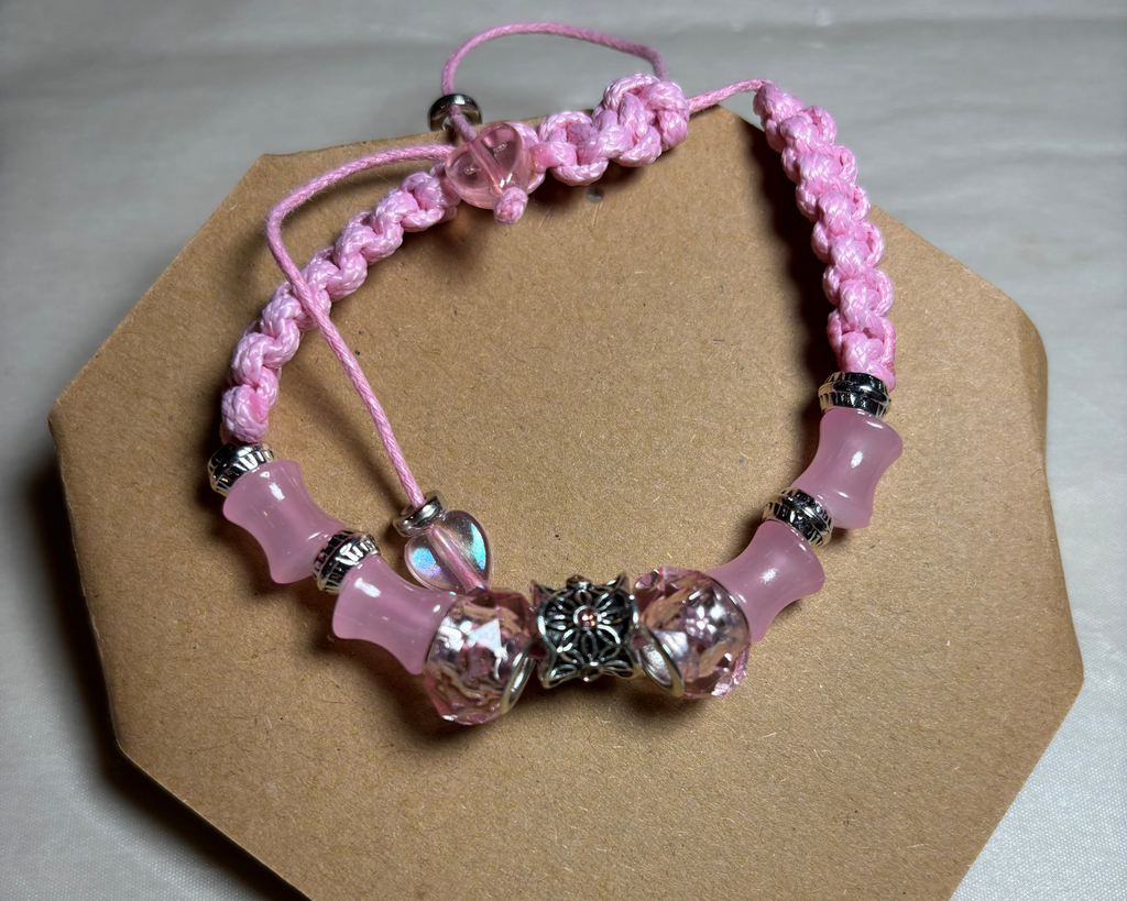 Breaded Bracelet With Leather Thread, Silver Beads And Pink Glass Beads