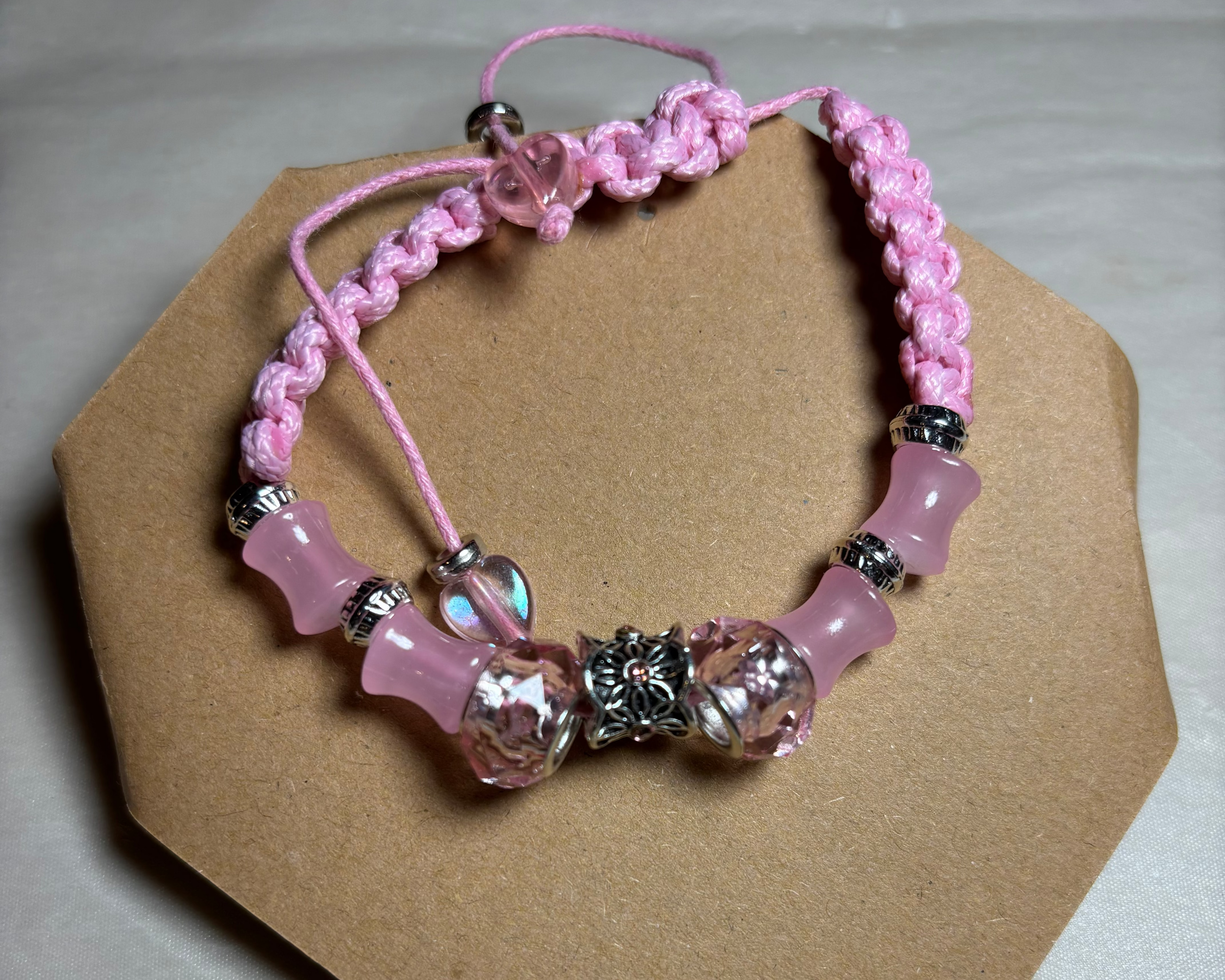 Breaded Bracelet With Leather Thread, Silver Beads And Pink Glass Beads
