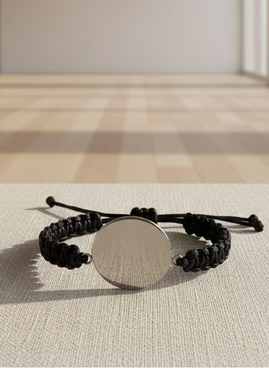 Black braided bracelet with a silver round pendant on a light surface.