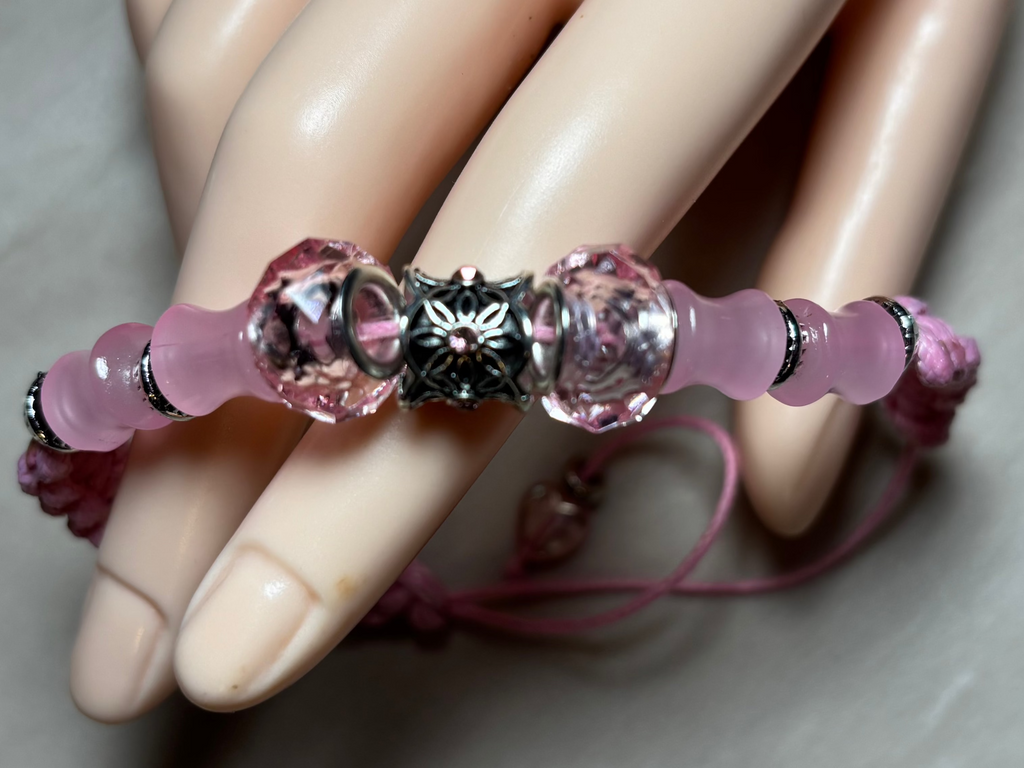 Breaded Bracelet With Leather Thread, Silver Beads And Pink Glass Beads