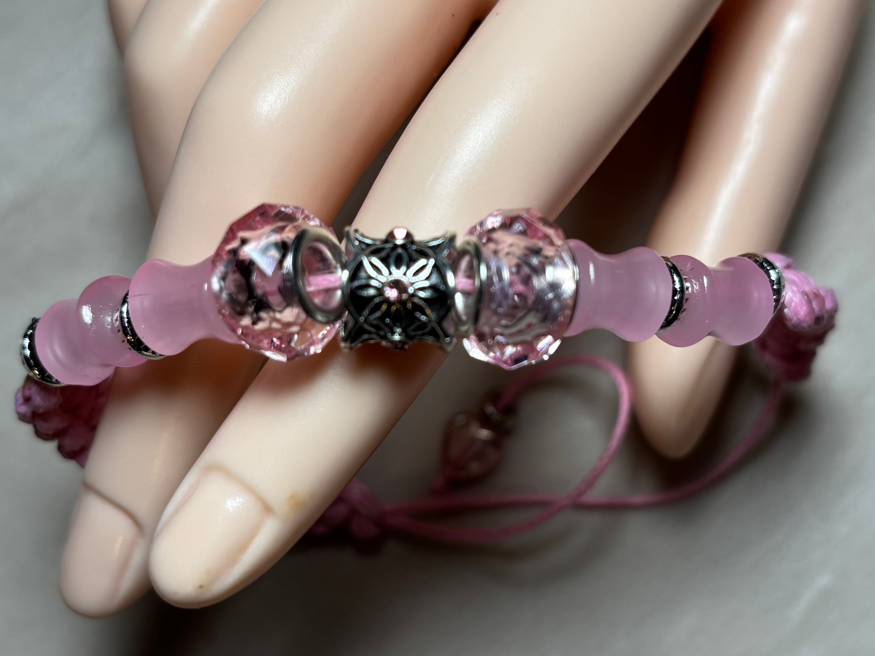 Breaded Bracelet With Leather Thread, Silver Beads And Pink Glass Beads