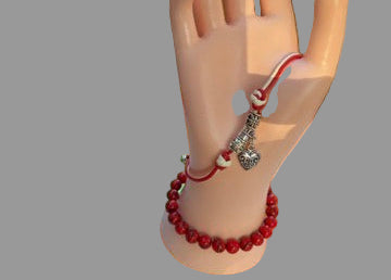 Breaded Bracelet Set In Red And Beige With A Charm