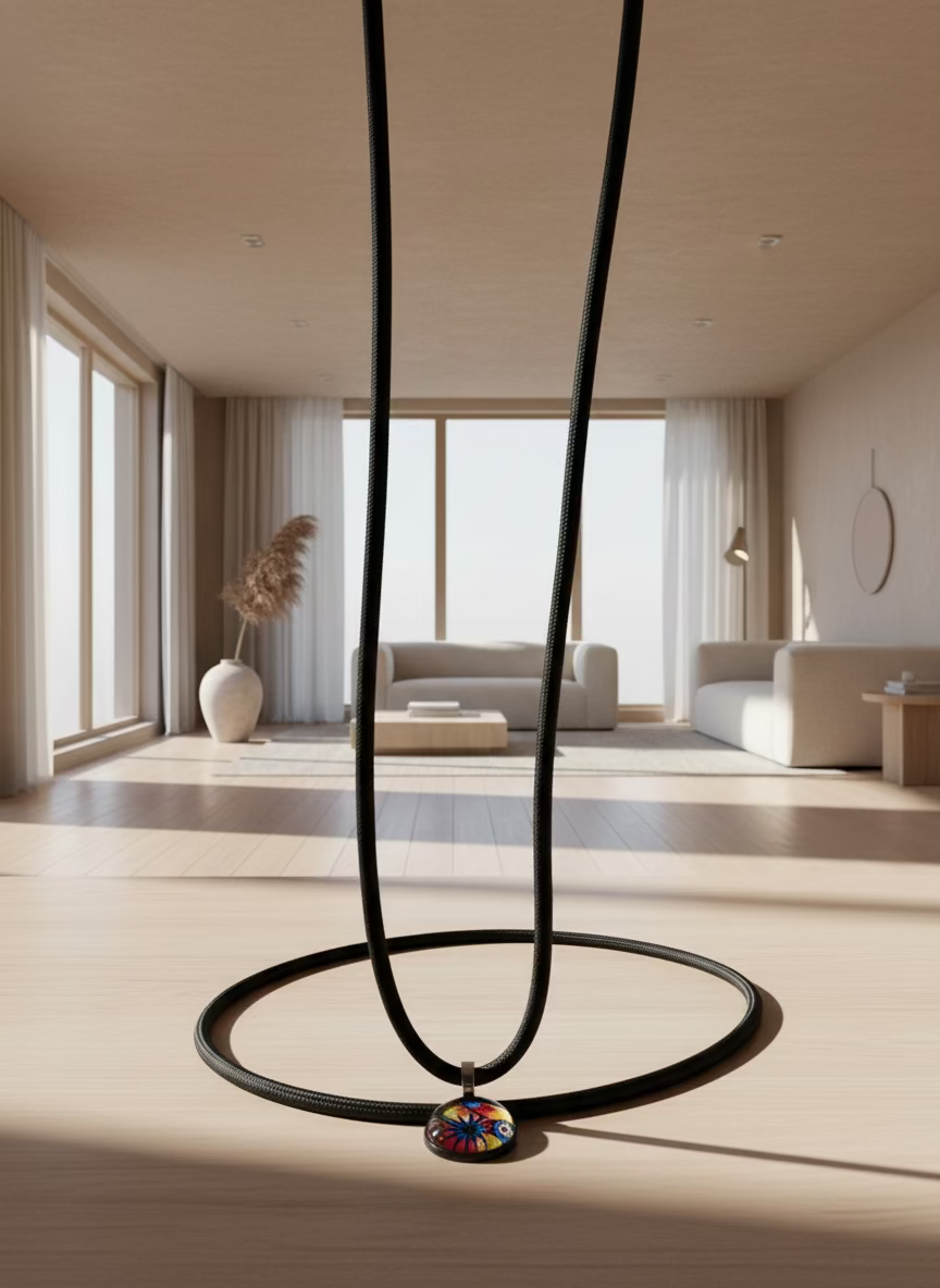 Necklace with a colorful pendant on a neutral background