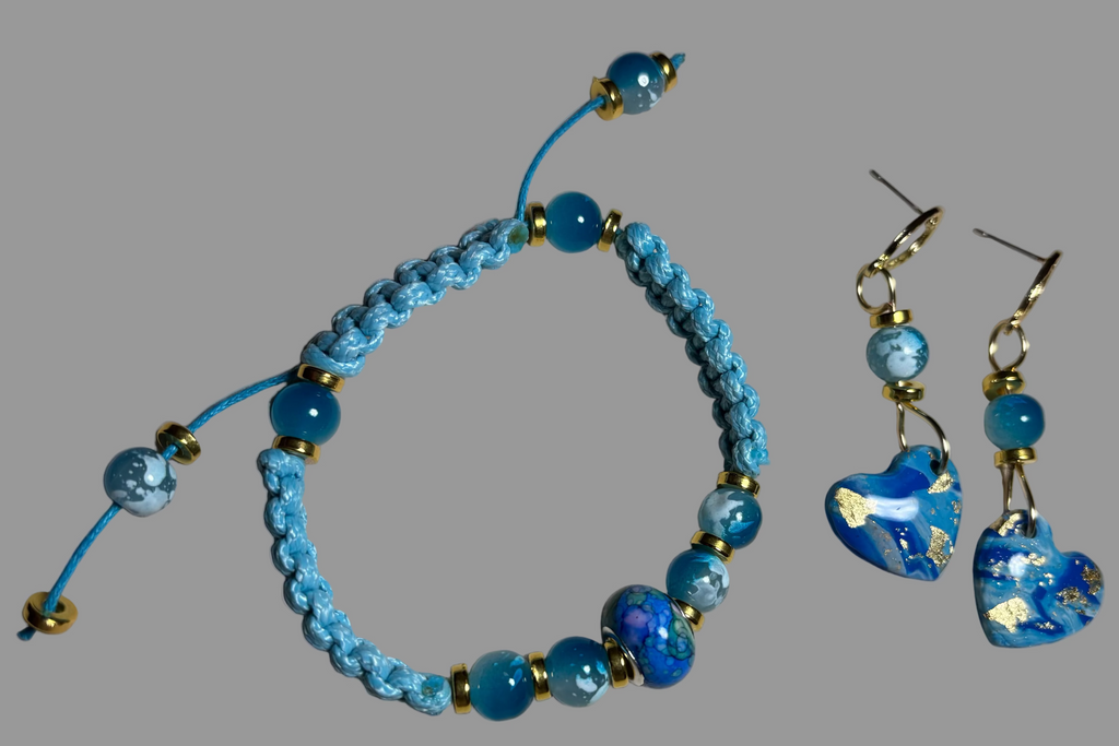 Blue beaded bracelet and earrings set