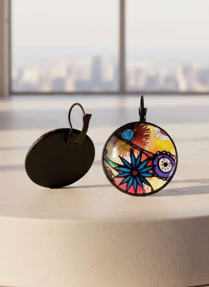 Colorful floral-patterned earrings on a light surface with a blurred cityscape background