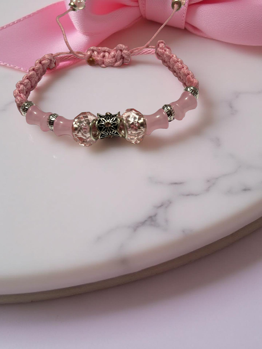 Breaded Bracelet With Leather Thread, Silver Beads And Pink Glass Beads