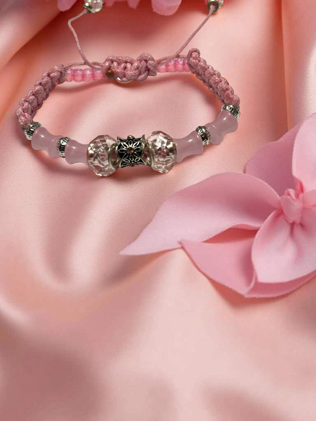 Breaded Bracelet With Leather Thread, Silver Beads And Pink Glass Beads