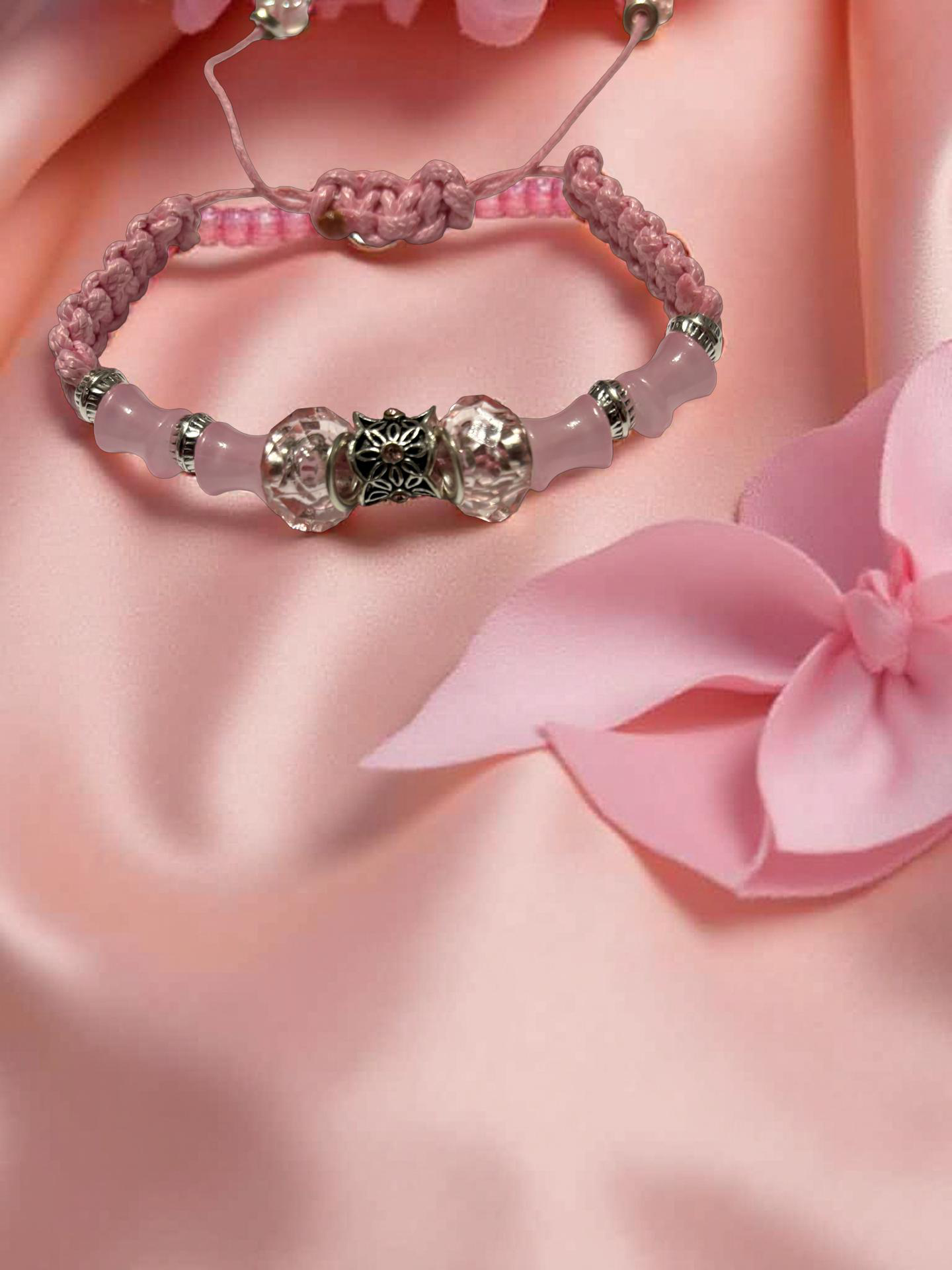 Breaded Bracelet With Leather Thread, Silver Beads And Pink Glass Beads