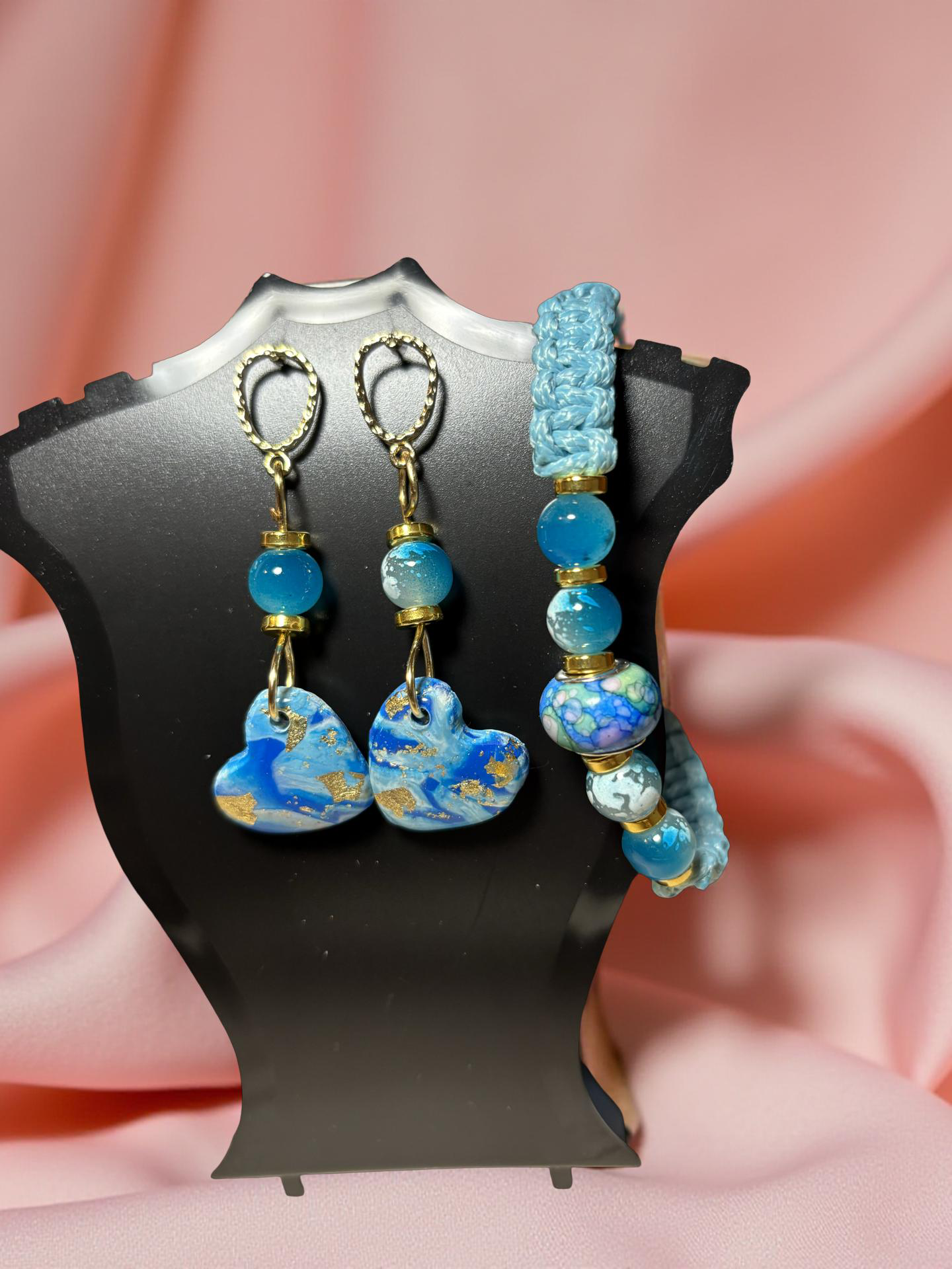 Set Of Bracelet  And Earrings In Blue And Gold Colors