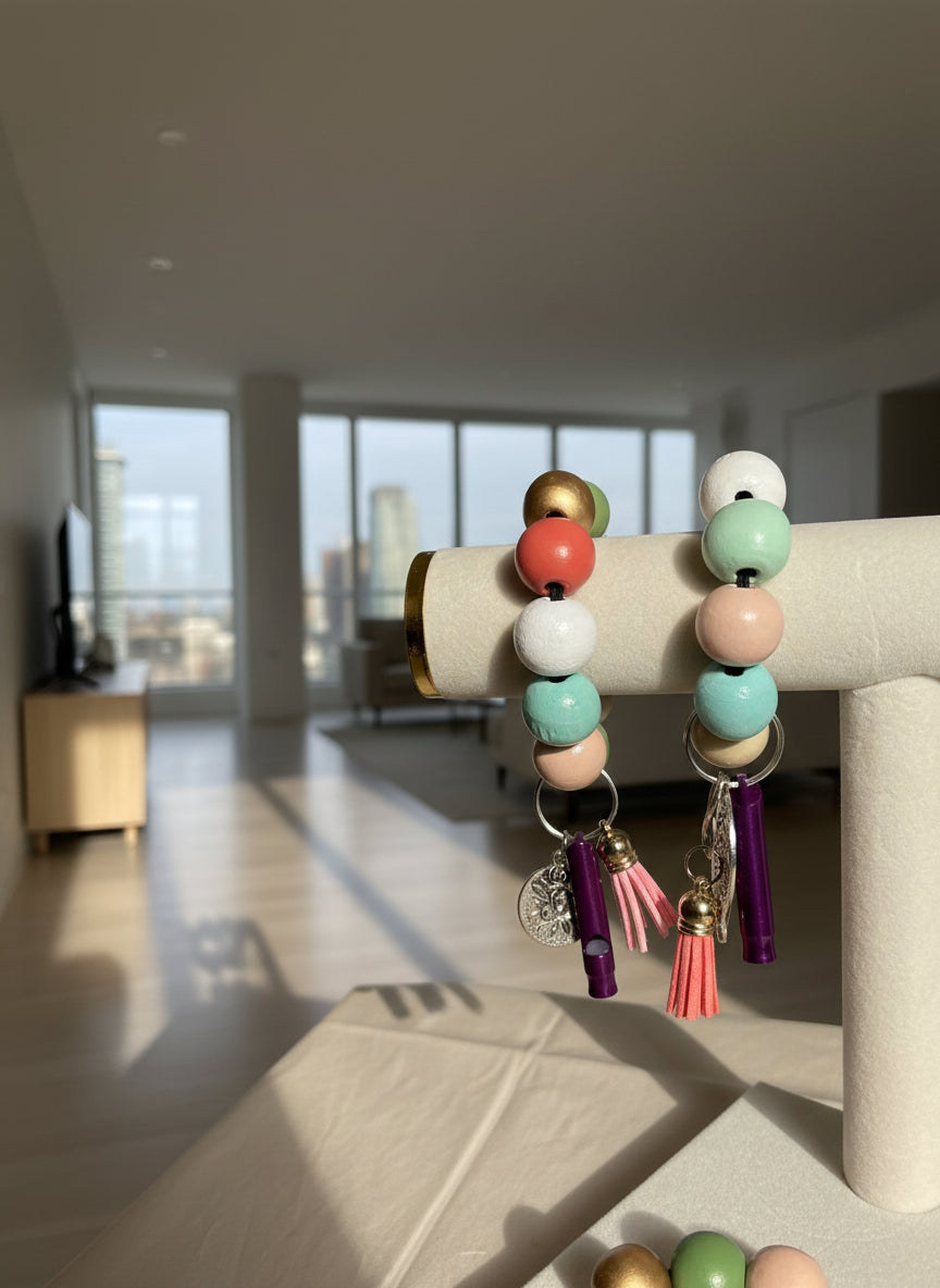 Wood Breaded In Multicolor Wristlet Keychain For Women