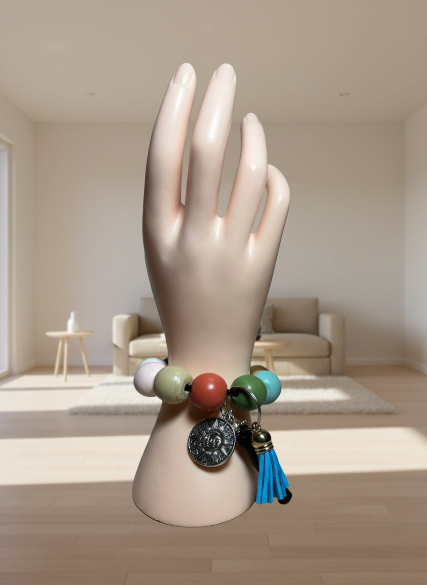 Wood Breaded In Multicolor Wristlet Keychain For Women